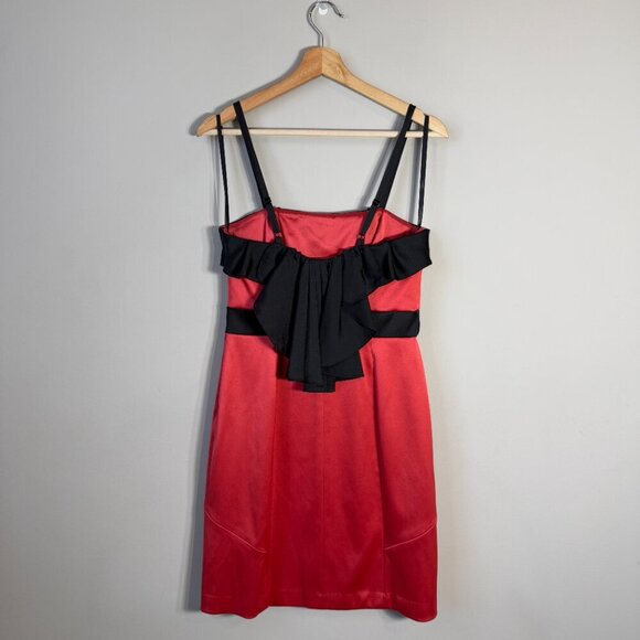 Vtg BCBG Paris Satin Ruffle Bodycon Mini Dress Women's 6 Red Black Cocktail Y2K - Picture 3 of 13